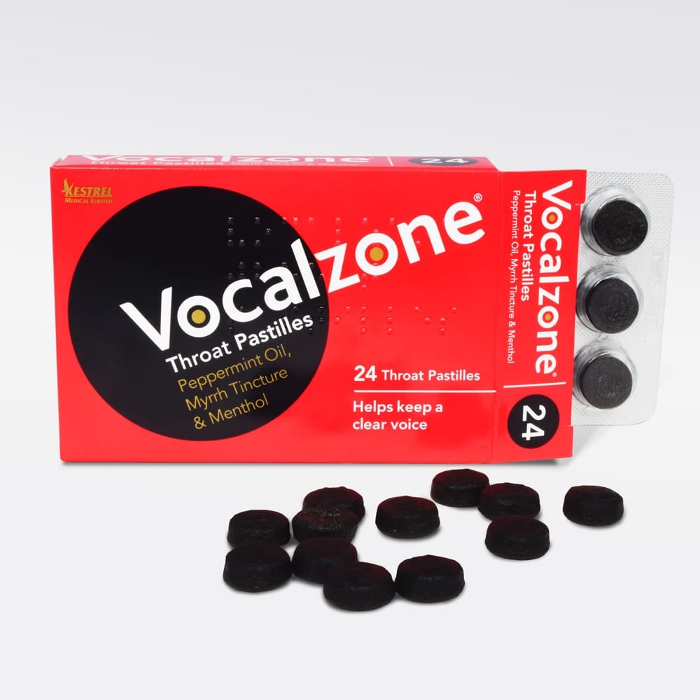 Open Vocalzone box of 24 with a blister strip and black pastilles in front; peppermint oil, myrrh tincture and menthol