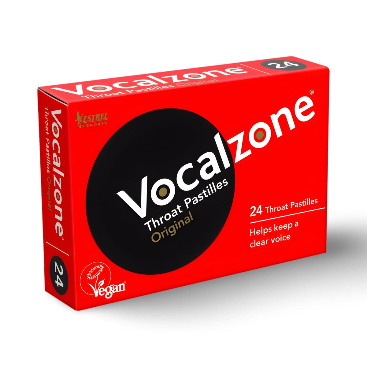 Vocalzone Original throat pastilles, red box of 24 with vegan logo and Helps keep a clear voice on the front