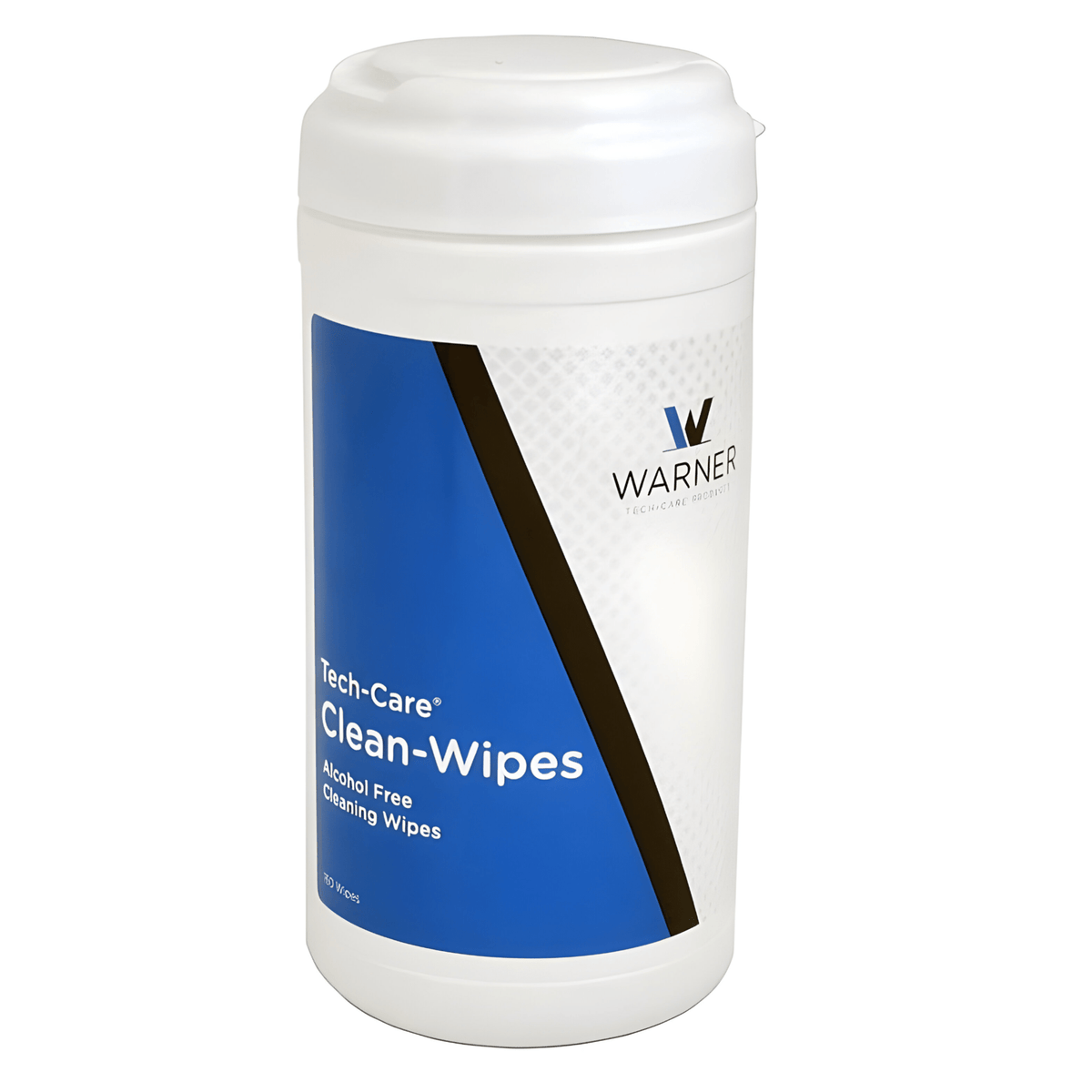 Warner Tech-Care Clean-Wipes tub of alcohol-free cleaning wipes with white lid and blue label
