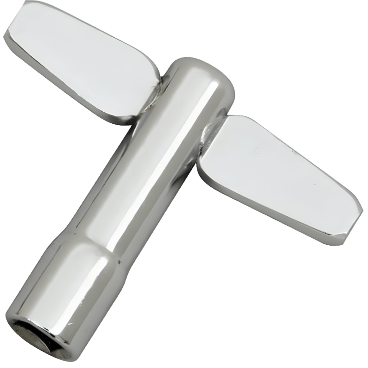 Chrome WorldMax drum key with two flat wing handles and a socket end, on a white background