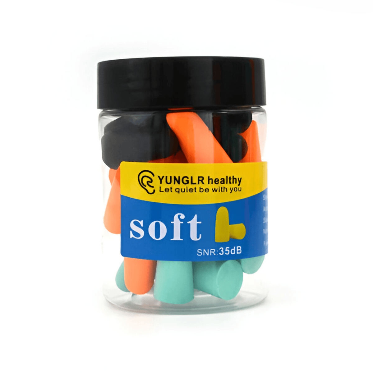 Clear tub of YUNGLR soft foam earplugs in orange, black and mint green, label reading SNR 35dB